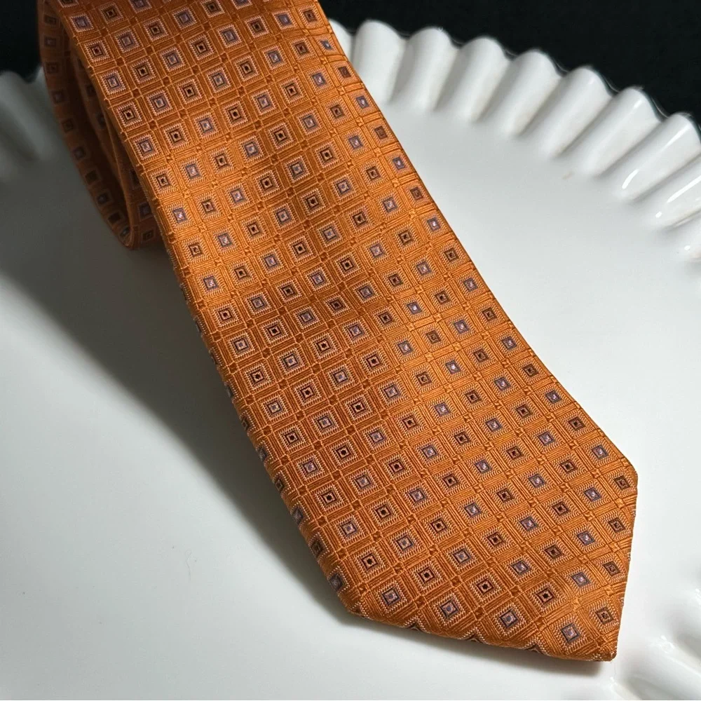 Black Brown 1826 Tie – Rich Pumpkin with Light Blue Squares- 100% Silk